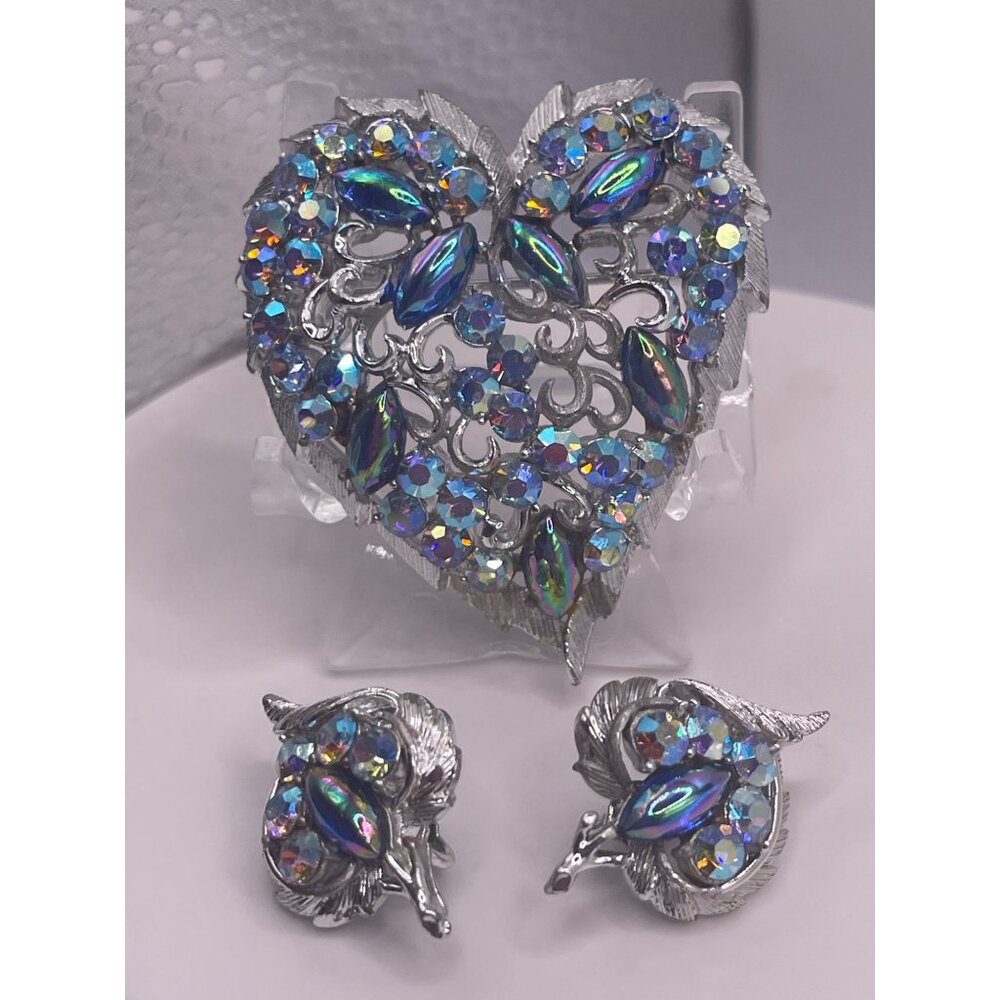 Vintage Coro Demi-Parure Brooch & Earrings Set Silver Tone W/ Blue & AB Stones H